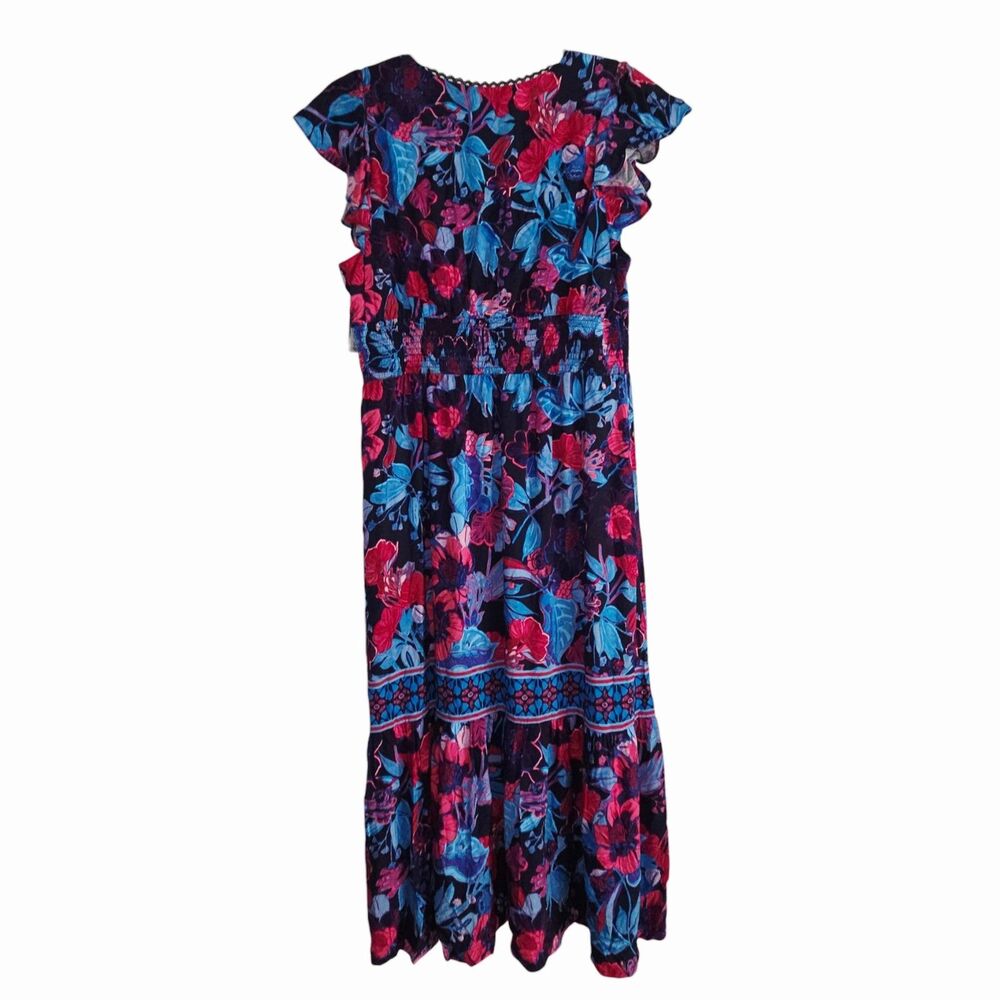 Adrianna Papell Boho Floral‎ Multi Midi Dress Sz14 Smocked Waist Flutter Sleeve - Picture 7 of 14